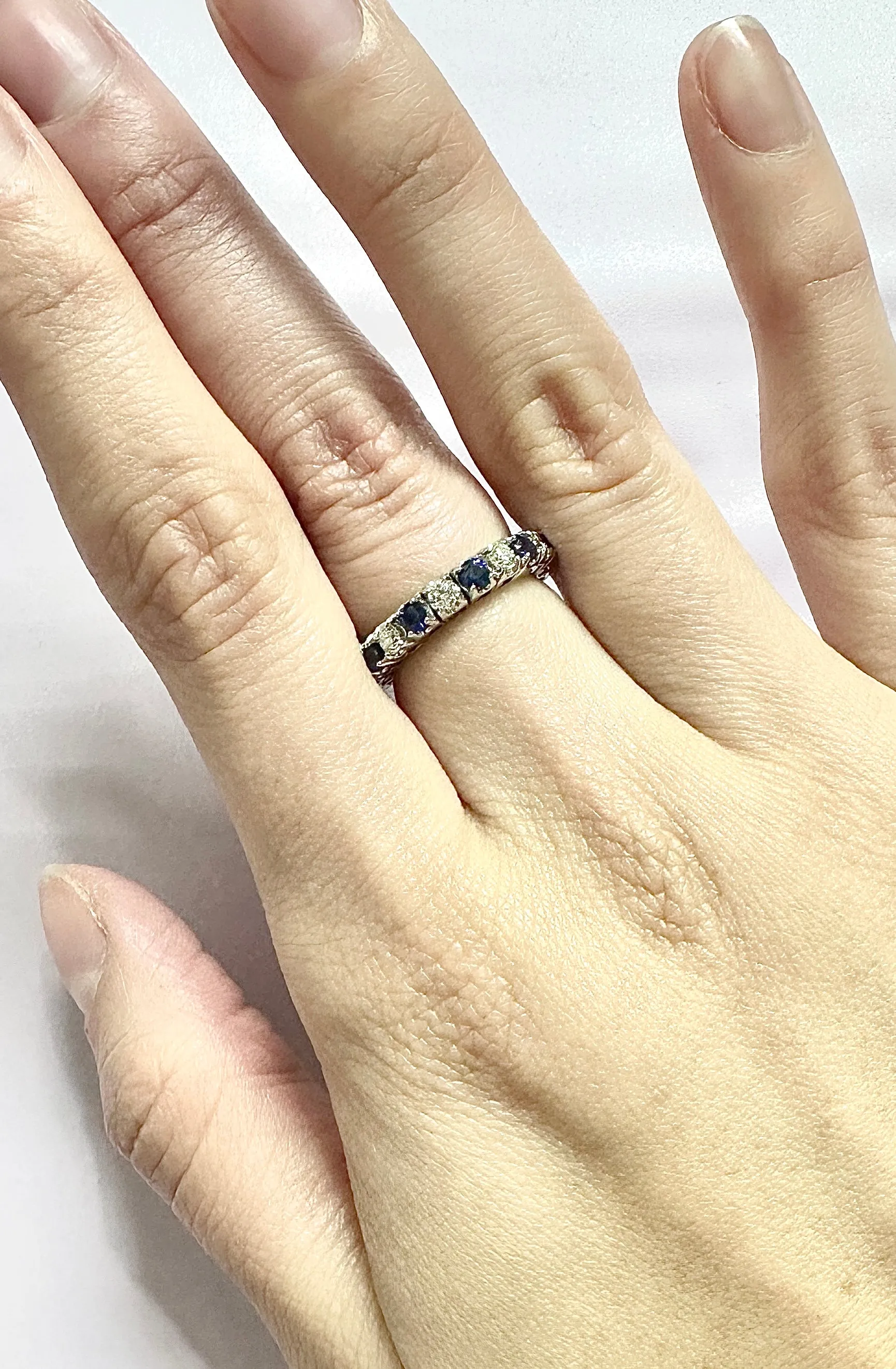 1.76 Carat Natural Diamond & Sapphire Stretch Eternity Band Ring 14K White Gold