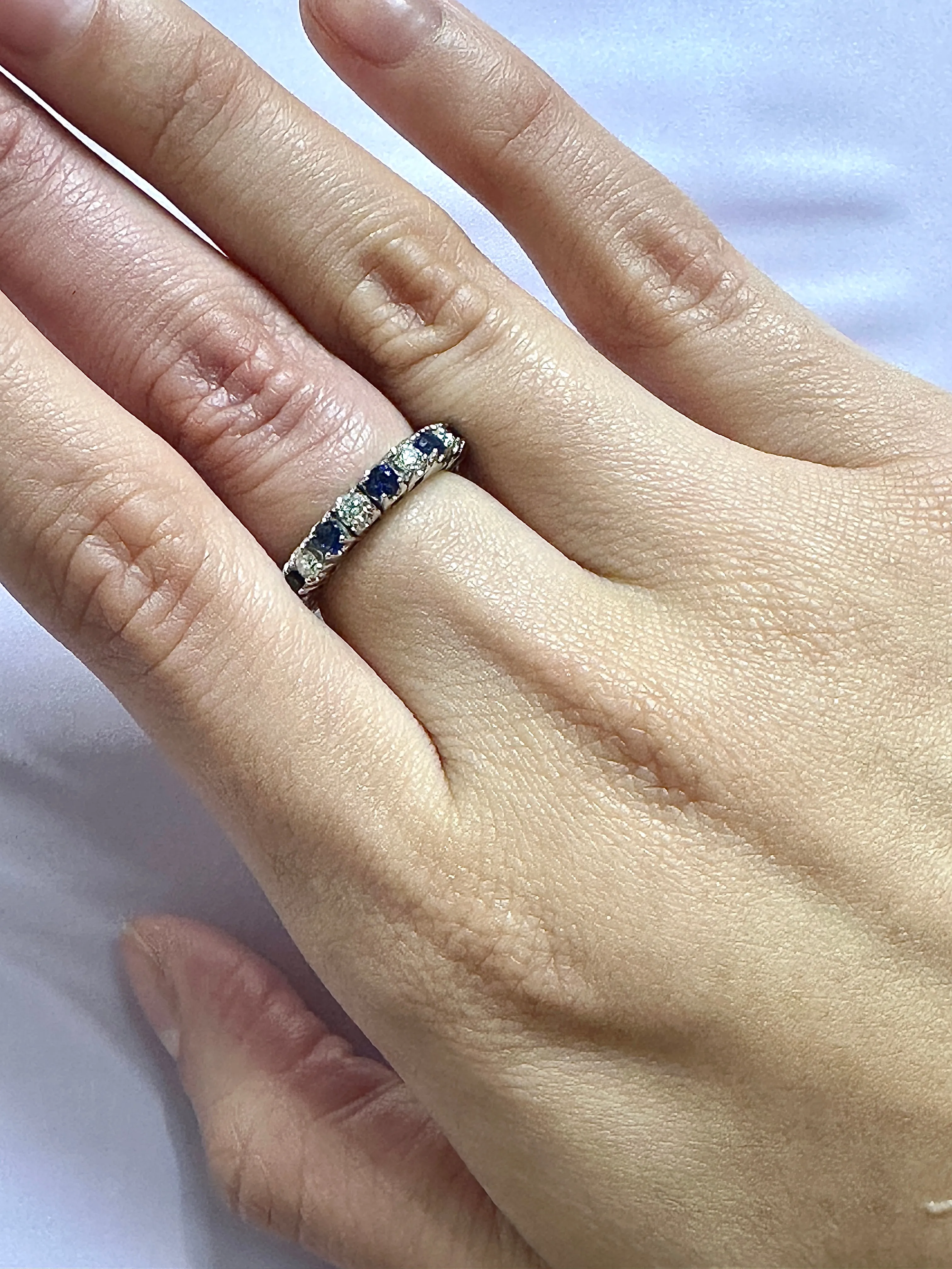 1.76 Carat Natural Diamond & Sapphire Stretch Eternity Band Ring 14K White Gold