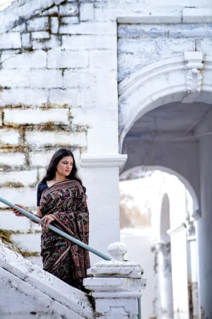 A trsyt with Ajrakh -Jharokha -Leaf Black chanderi ajrakh saree