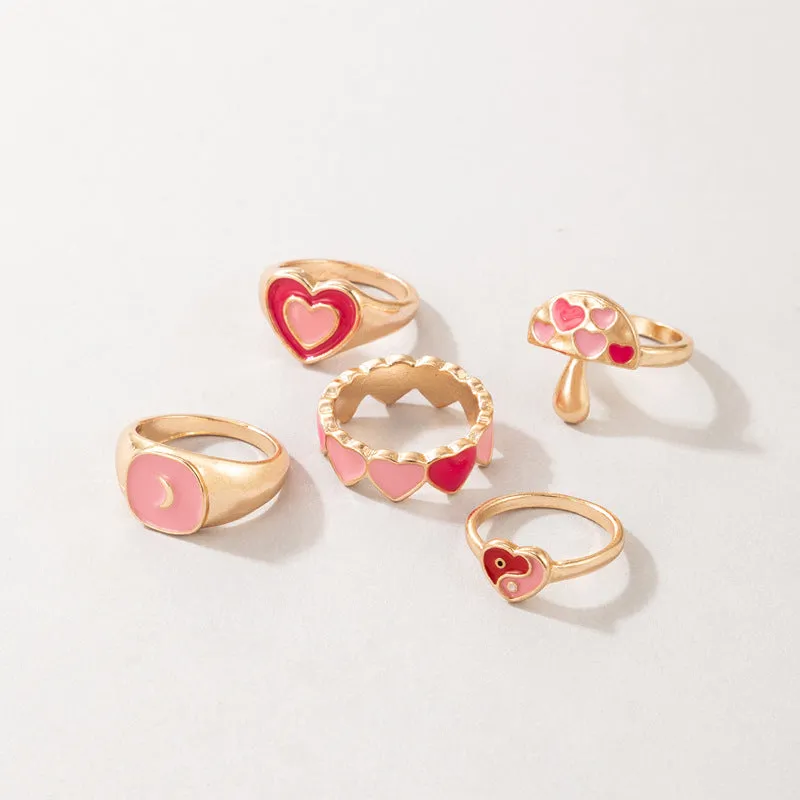 Daisy Mini Heart Fruit Mushroom 5 Pcs Ring Set