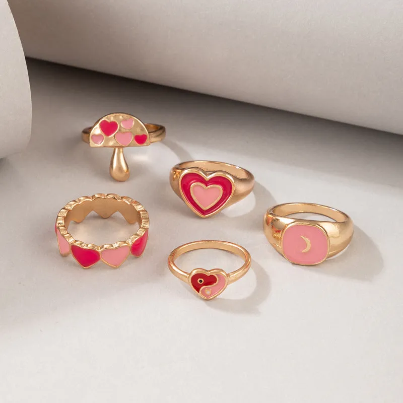 Daisy Mini Heart Fruit Mushroom 5 Pcs Ring Set