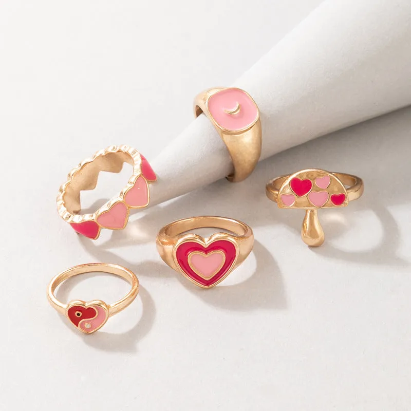 Daisy Mini Heart Fruit Mushroom 5 Pcs Ring Set