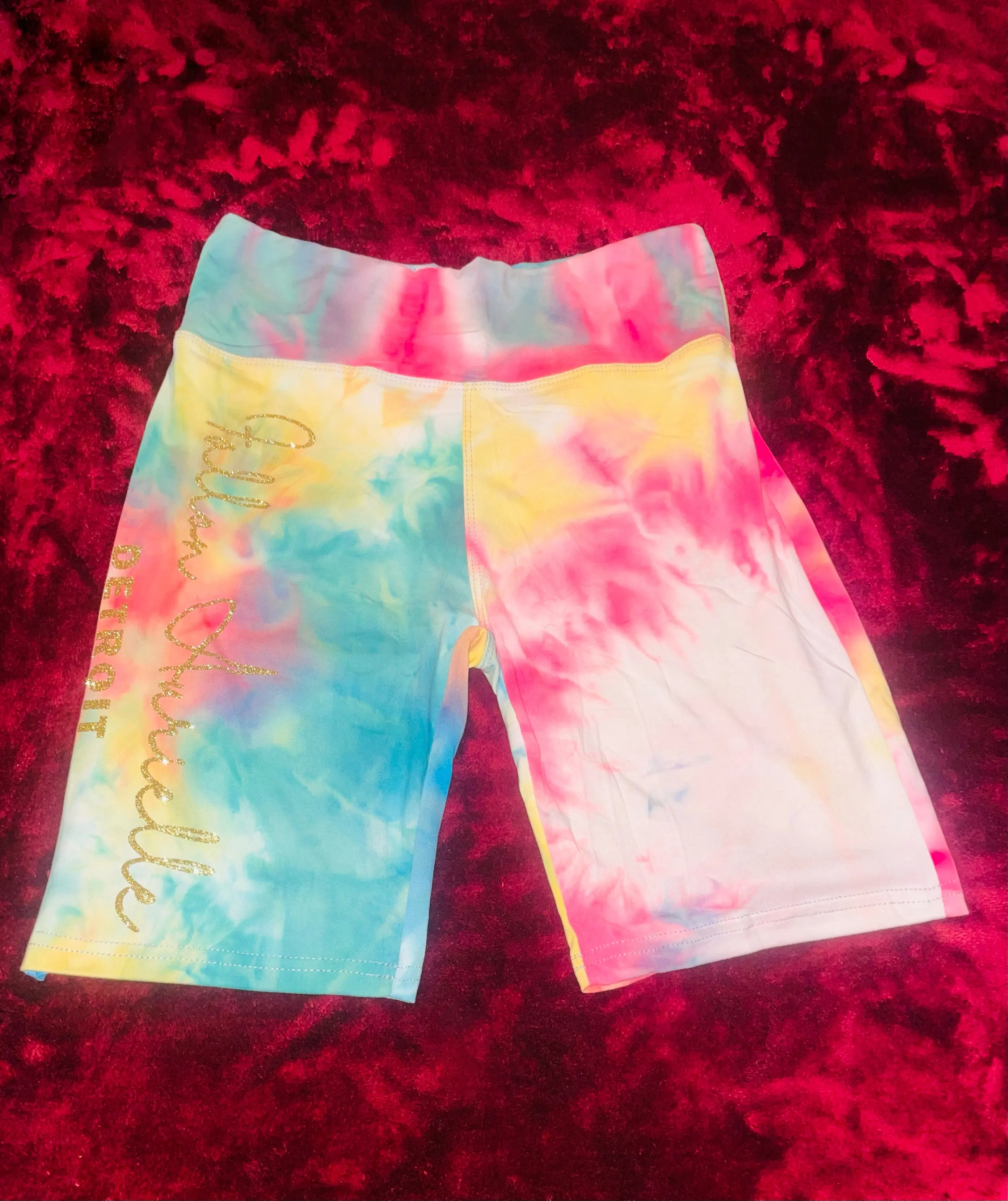 Fallon Aurielle Signature Detroit Rep Yo Set Tie Dye Biker Short Set (Hot Pink, Gold, Blue & Yellow Tie Dye)