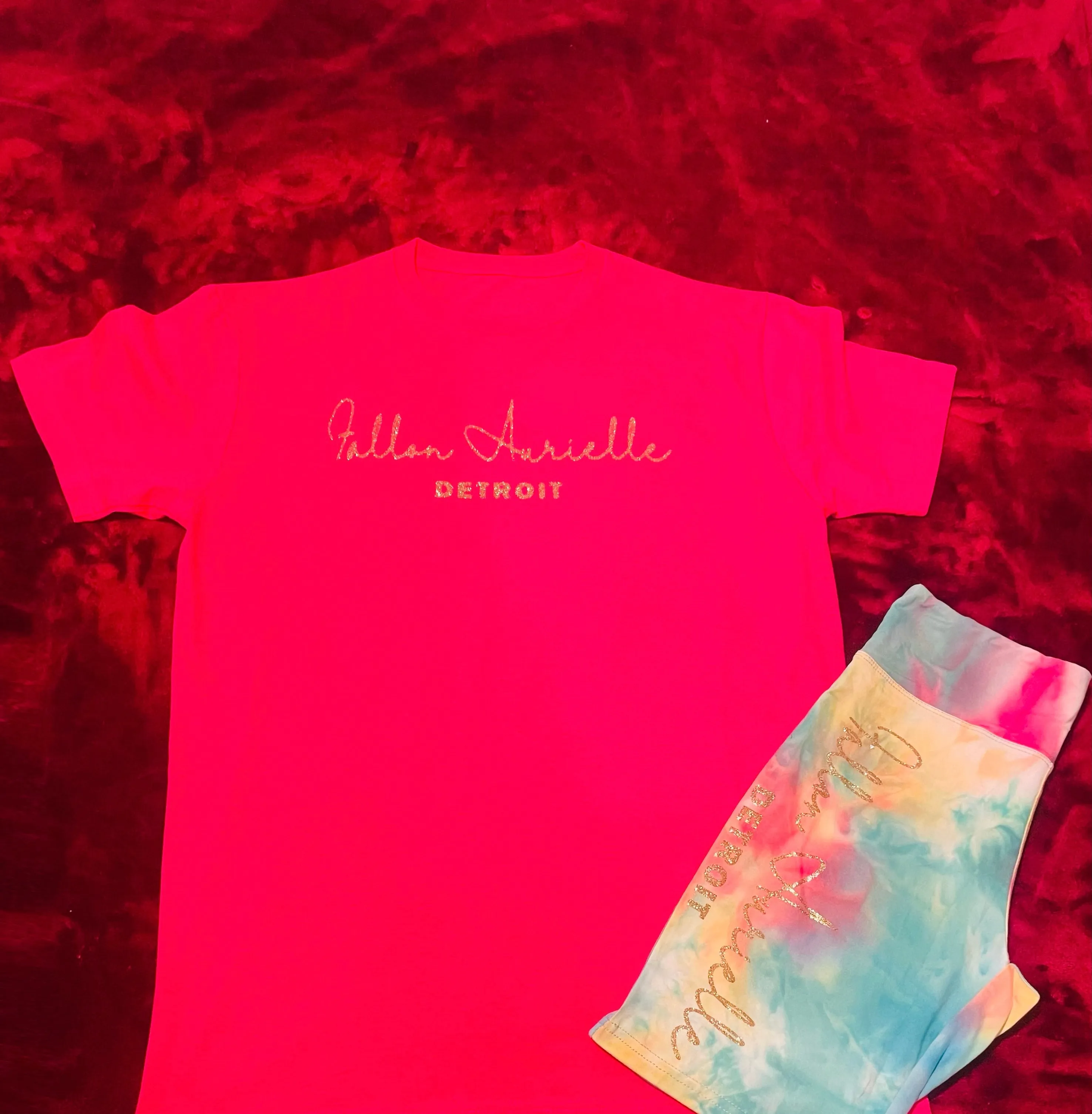 Fallon Aurielle Signature Detroit Rep Yo Set Tie Dye Biker Short Set (Hot Pink, Gold, Blue & Yellow Tie Dye)