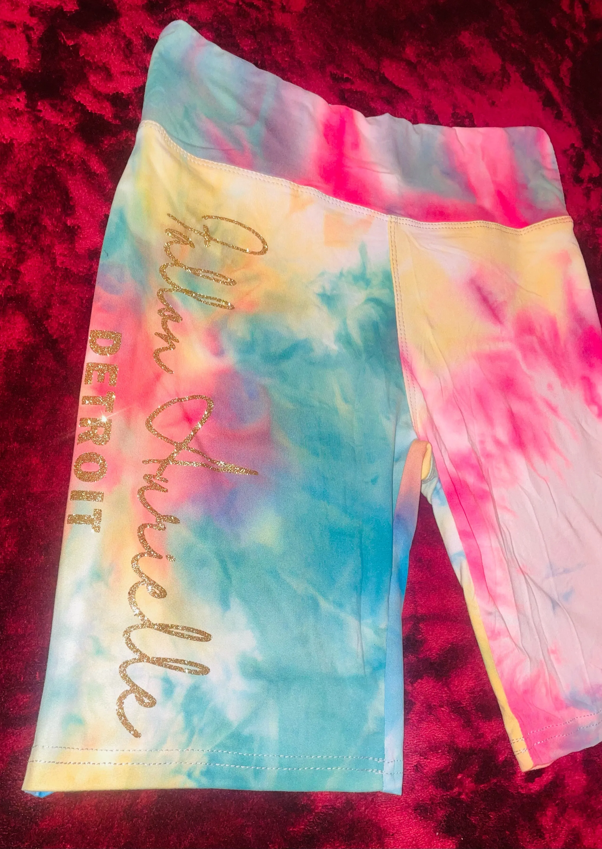 Fallon Aurielle Signature Detroit Rep Yo Set Tie Dye Biker Short Set (Hot Pink, Gold, Blue & Yellow Tie Dye)
