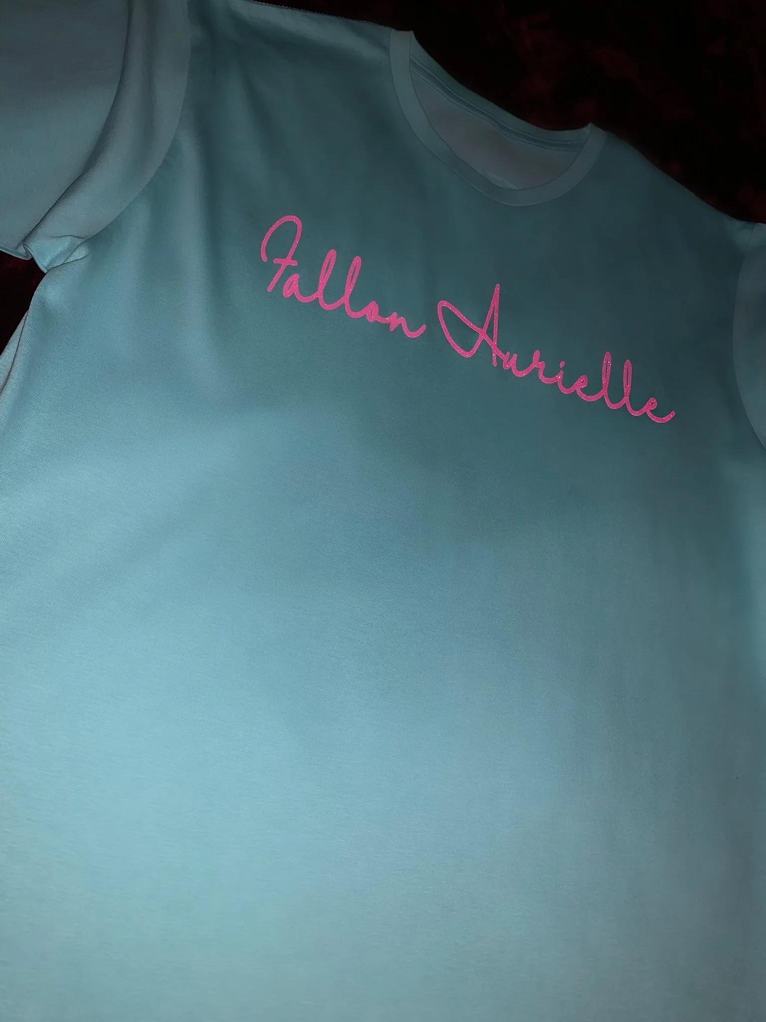 Fallon Aurielle Unisex Signature Sagittarius Logo & Name Zodiac T-Shirt (Turquoise & Pink Sparkle)