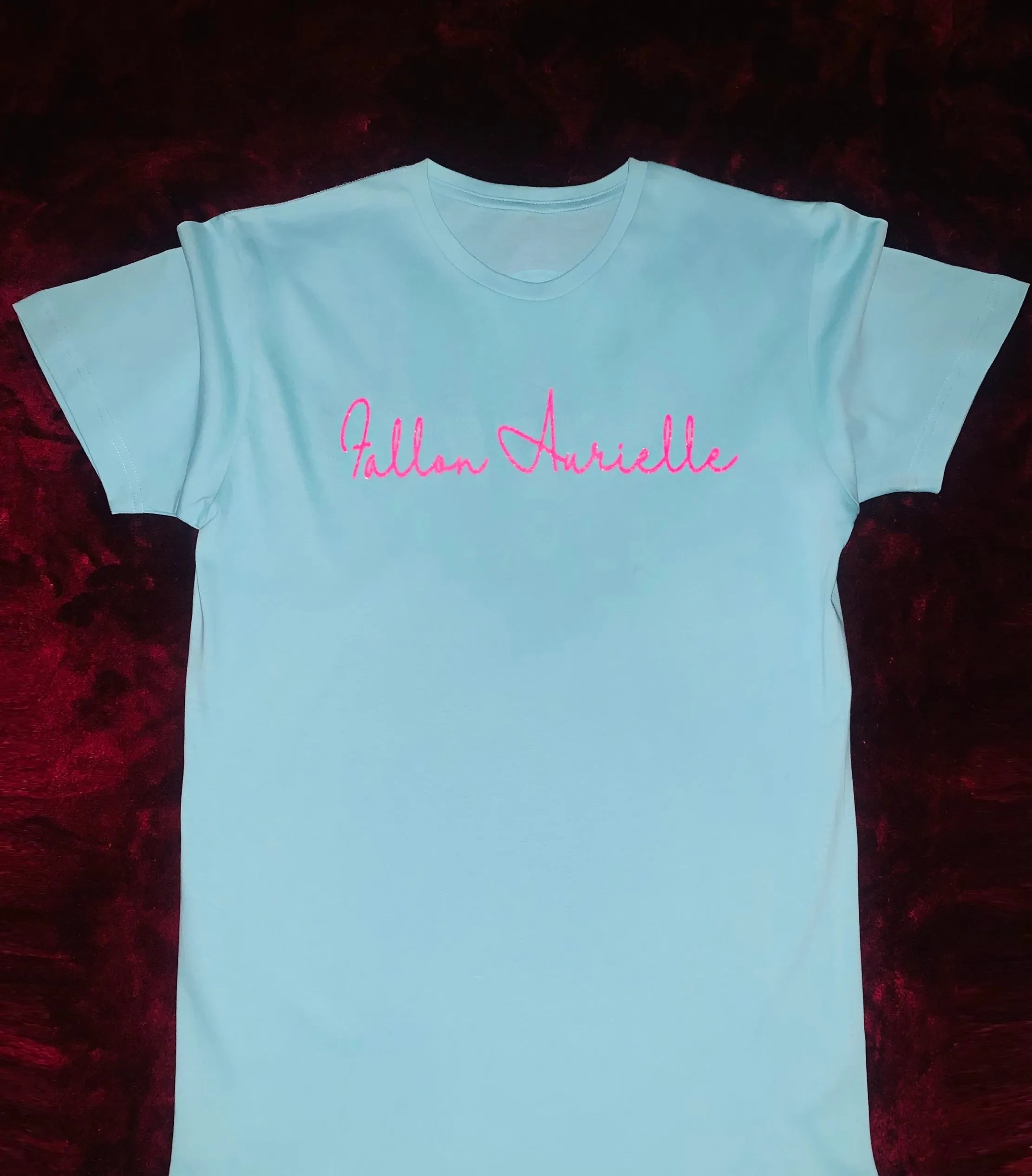 Fallon Aurielle Unisex Signature Sagittarius Logo & Name Zodiac T-Shirt (Turquoise & Pink Sparkle)