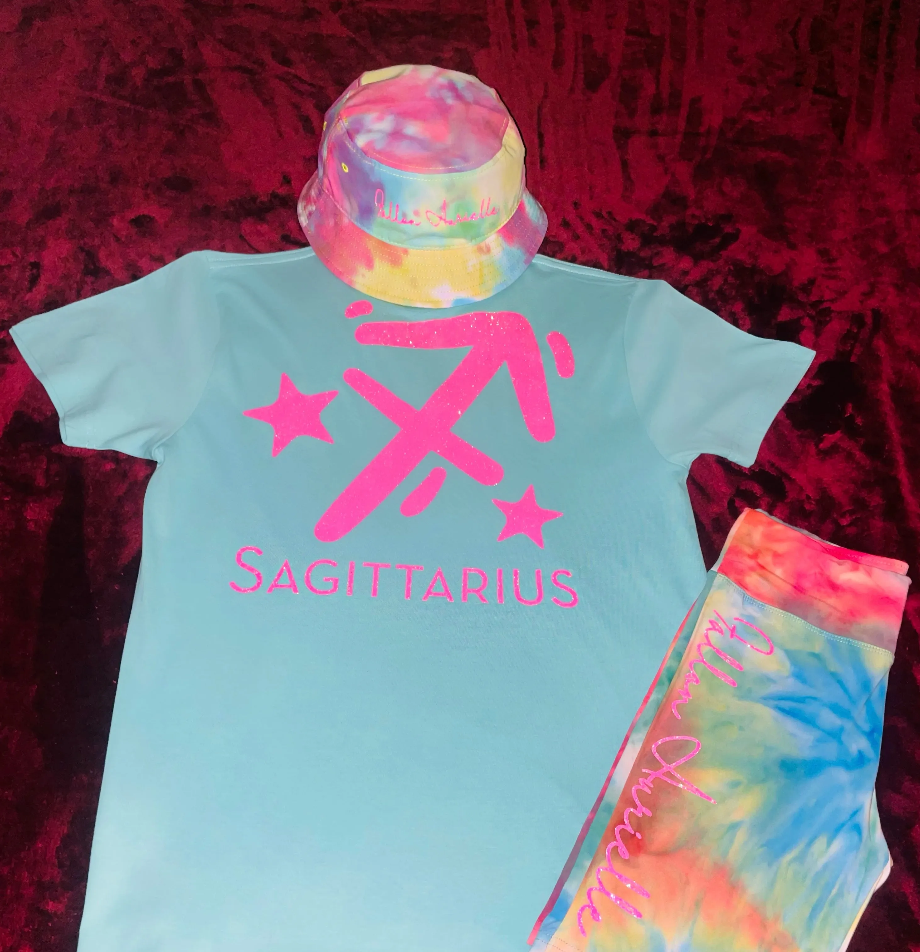 Fallon Aurielle Unisex Signature Sagittarius Logo & Name Zodiac T-Shirt (Turquoise & Pink Sparkle)