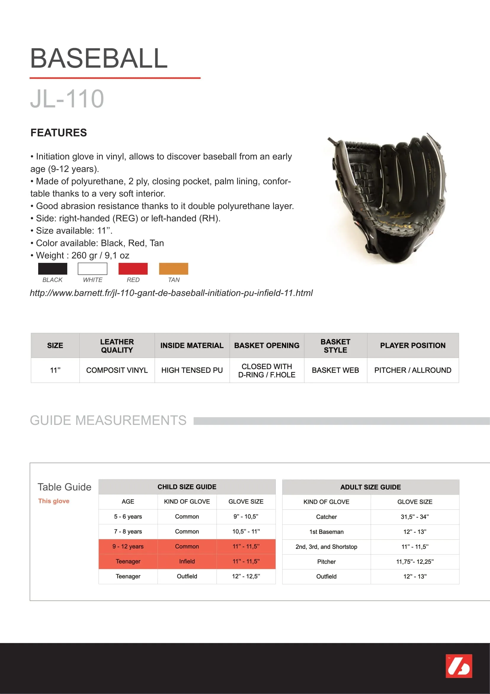 JL-110 – baseball gloves, outfiled, 11", WHITE