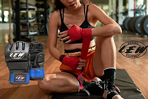LEW Black/Blue Fight/MMA/Muay Thai Thumb Protection Grappling Gloves (Black/Blue, Small/Medium)