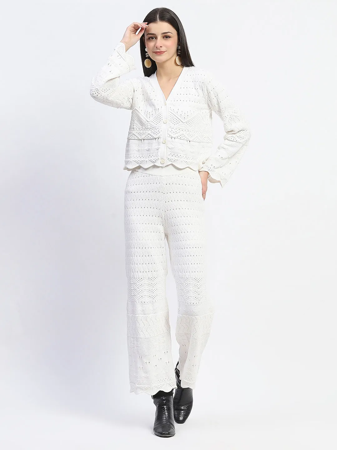Madame Cotton Blend Lace Detailed Top and Bottom Off White Co-ord Set