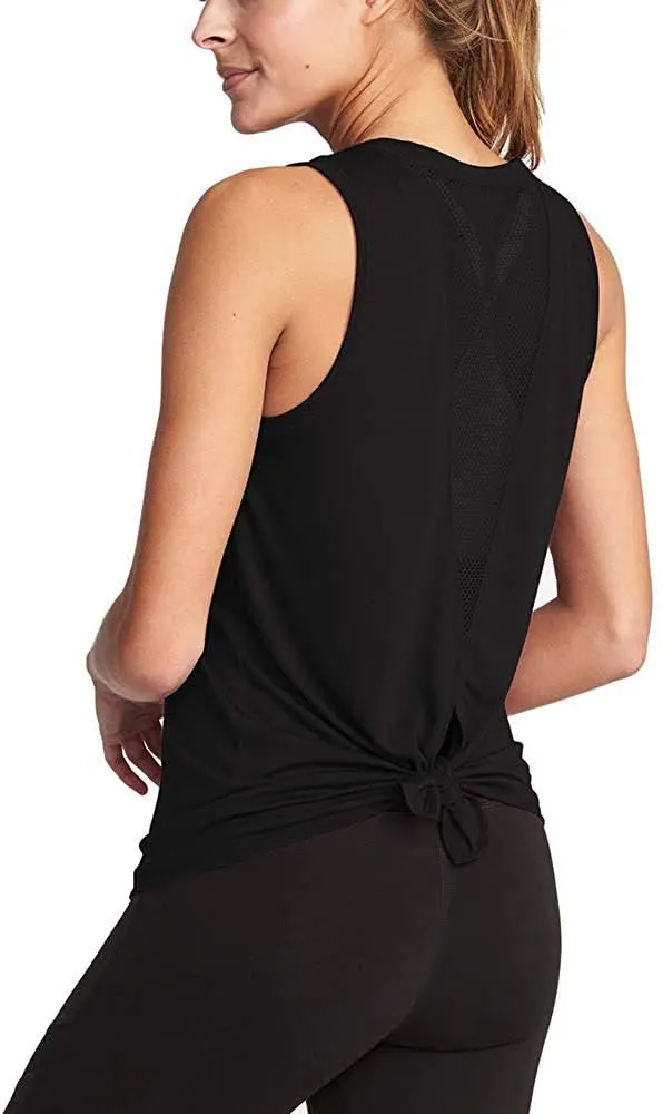 New Hongyi Women's Cute Yoga Workout Mesh Back Open Back Tank Top, Black, Sz L!