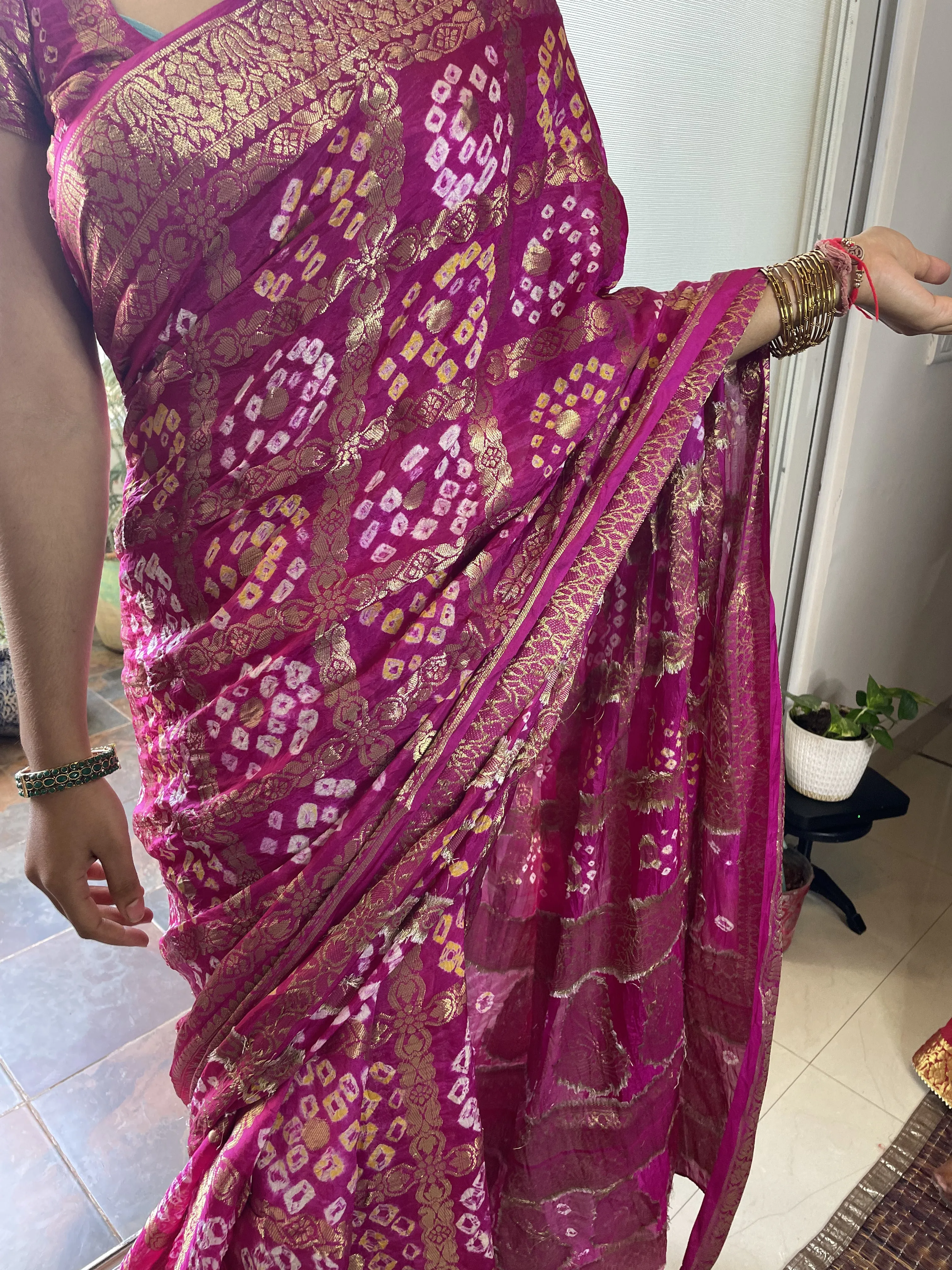 Pink Bandhej Banarasi Silk Saree
