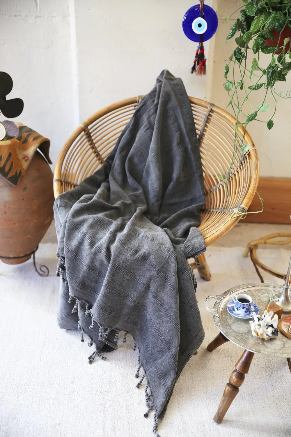 Rustic Large Pestemal Throw in Black Stone