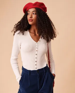 The White Solid V Neck Ribbed Knit Top