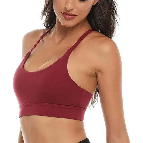 WOMENS Strappy Sports Bra Mesh Open Back Sports Bra for Workout Yoga Gym Red