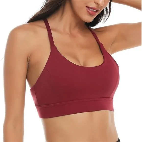 WOMENS Strappy Sports Bra Mesh Open Back Sports Bra for Workout Yoga Gym Red